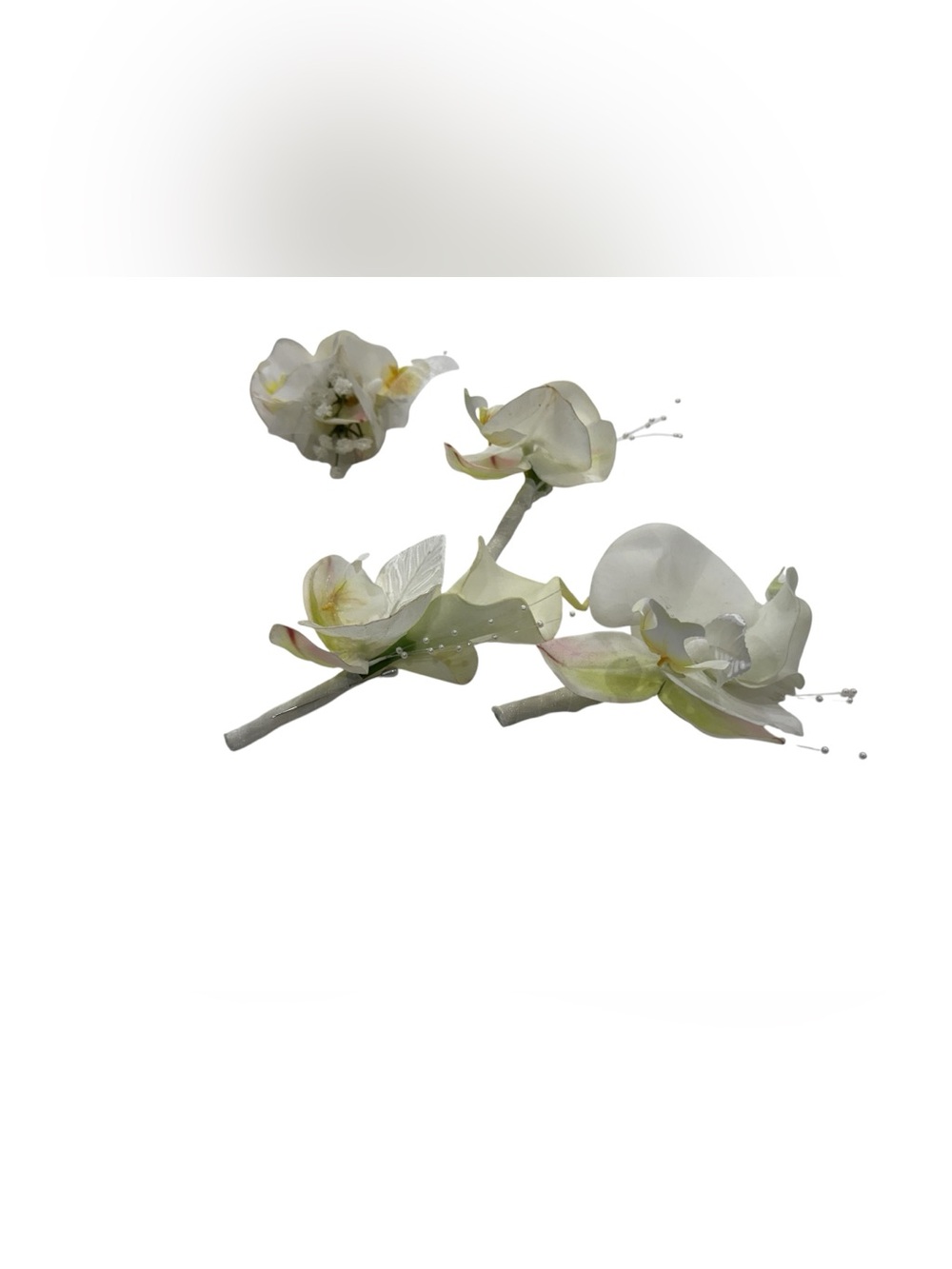 White Faux Orchid Set of 3 Boutonnières and Matching Wrist Coresage